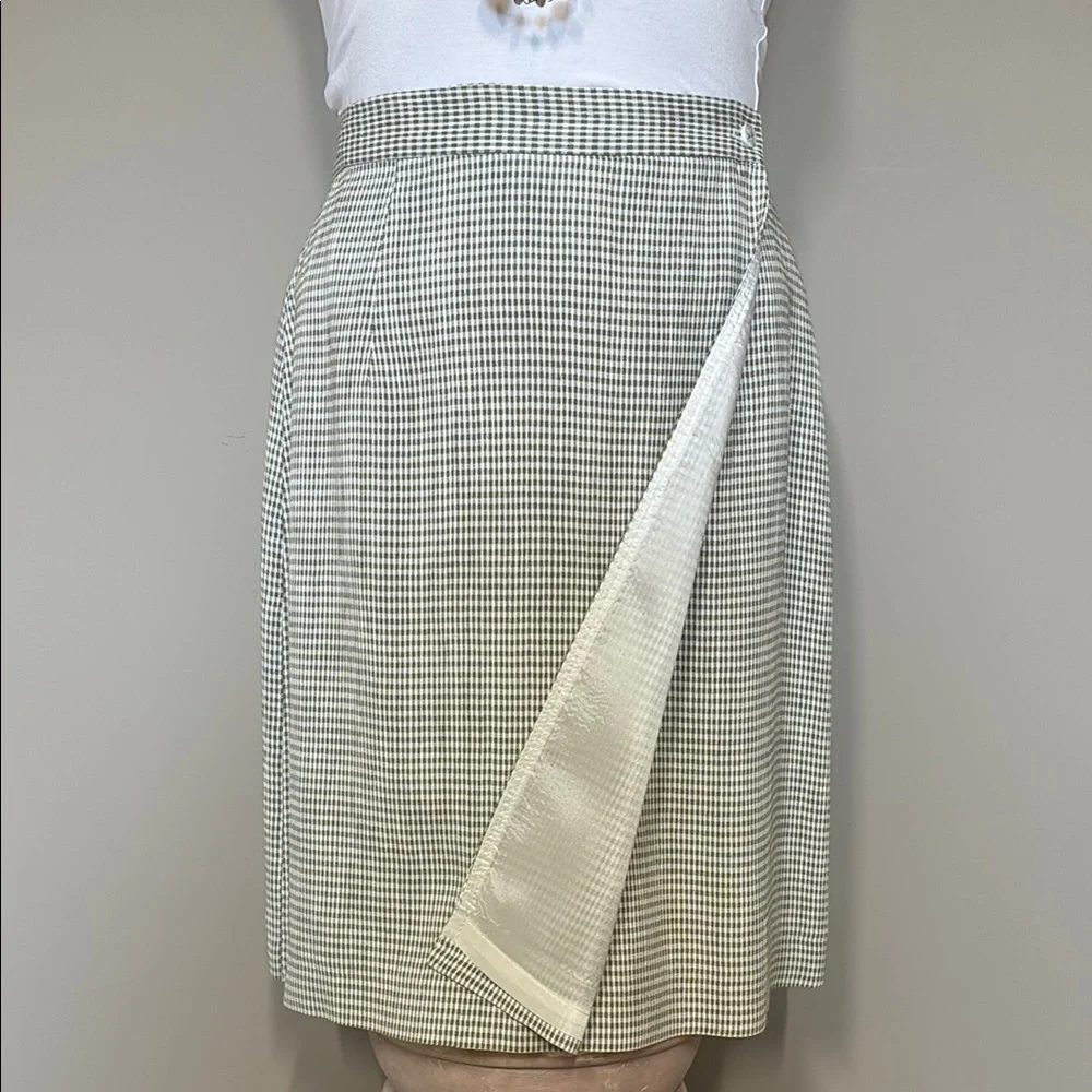 Gingham Midi Wrap Skirt; Vintage Light Olive Green & White, Lined, Size 2; EUC - Picture 3 of 10
